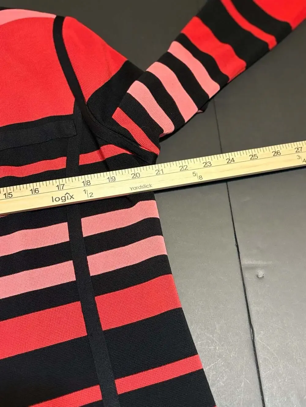Misook Women's Red Black Striped Knit Open Front Jacket Cardigan Size M